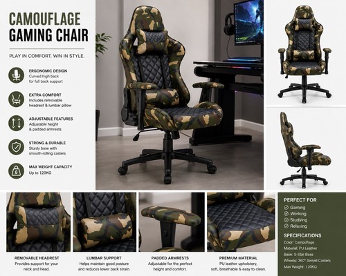 Camouflage gaming chair - chair, –